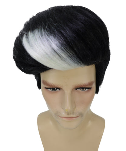 HPO Men's 90s Short Black Rapper Wig with White Streaks in front | Halloween and Cosplay Wig | Flame-retardant Synthetic Fiber