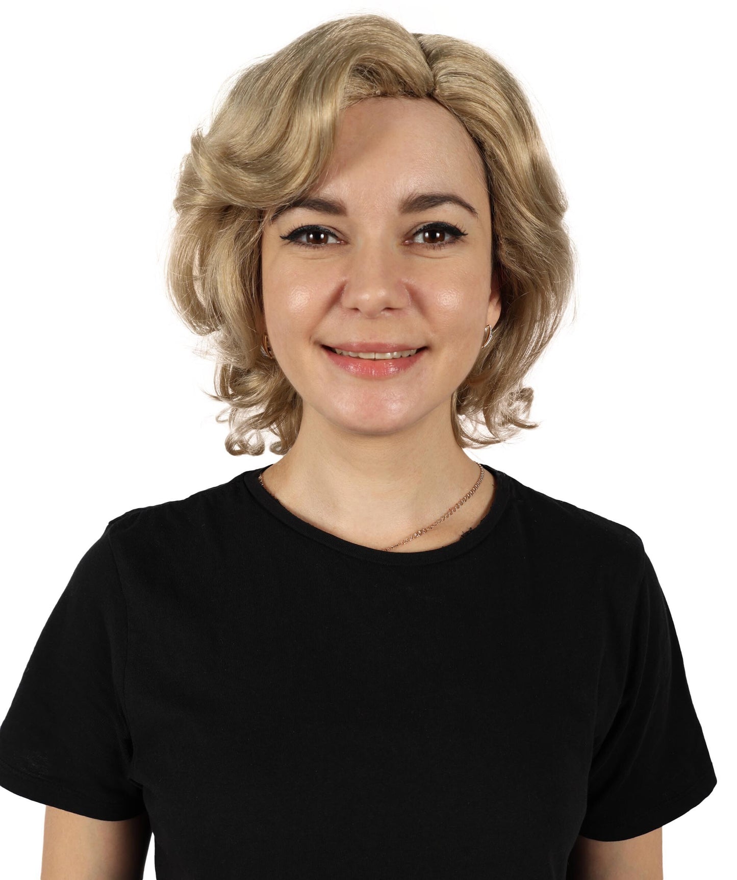 HPO Adult Women's Iconic Political Leader Inspired Classic Blonde Curled Short Wig| Halloween and Cosplay Wig | Flame-retardant Synthetic Fiber