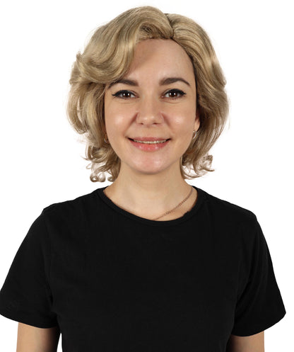 HPO Adult Women's Iconic Political Leader Inspired Classic Blonde Curled Short Wig| Halloween and Cosplay Wig | Flame-retardant Synthetic Fiber
