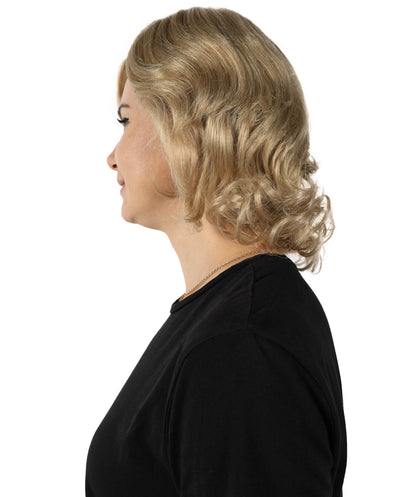 HPO Adult Women's Iconic Political Leader Inspired Classic Blonde Curled Short Wig| Halloween and Cosplay Wig | Flame-retardant Synthetic Fiber