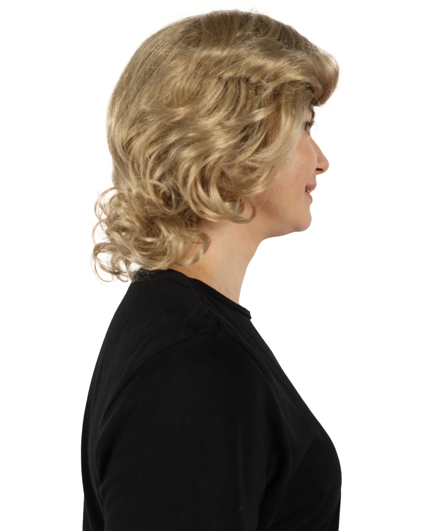 HPO Adult Women's Iconic Political Leader Inspired Classic Blonde Curled Short Wig| Halloween and Cosplay Wig | Flame-retardant Synthetic Fiber