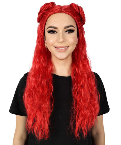HPO Women's Movie Inspired Wavy Long Red Wig | Halloween and Cosplay Wig | Flame-retardant Synthetic Fiber