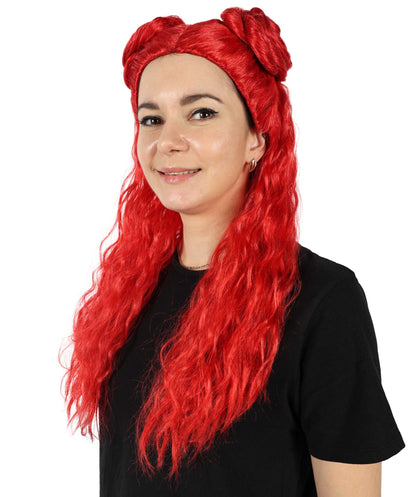HPO Women's Movie Inspired Wavy Long Red Wig | Halloween and Cosplay Wig | Flame-retardant Synthetic Fiber