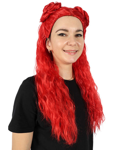 HPO Women's Movie Inspired Wavy Long Red Wig | Halloween and Cosplay Wig | Flame-retardant Synthetic Fiber