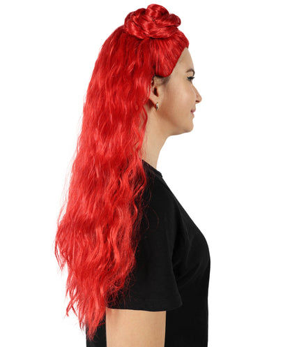 HPO Women's Movie Inspired Wavy Long Red Wig | Halloween and Cosplay Wig | Flame-retardant Synthetic Fiber