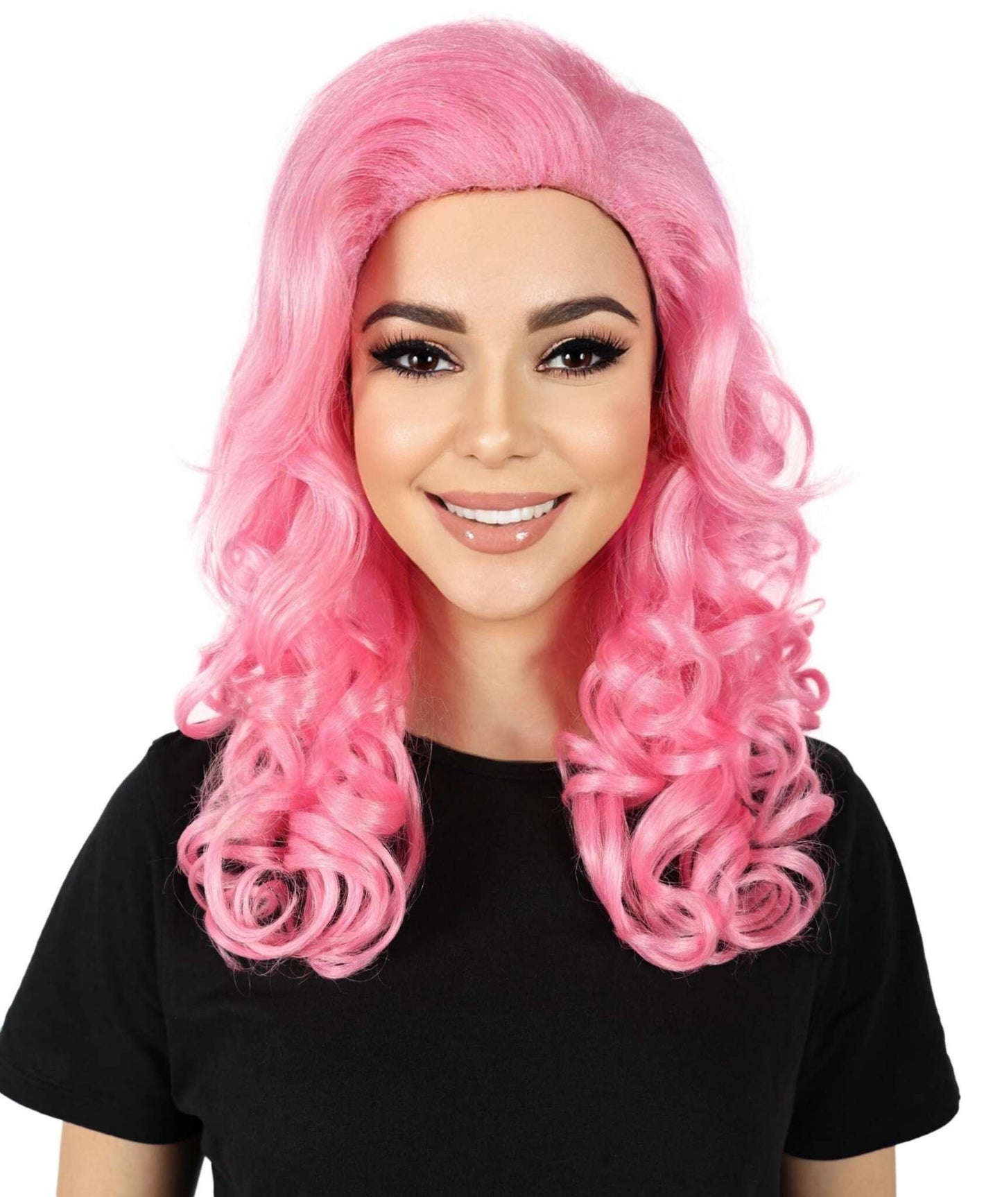HPO Women's Movie Queen Medium Length Curly Pink Wig | Halloween and Cosplay Wig | Flame-retardant Synthetic Fiber