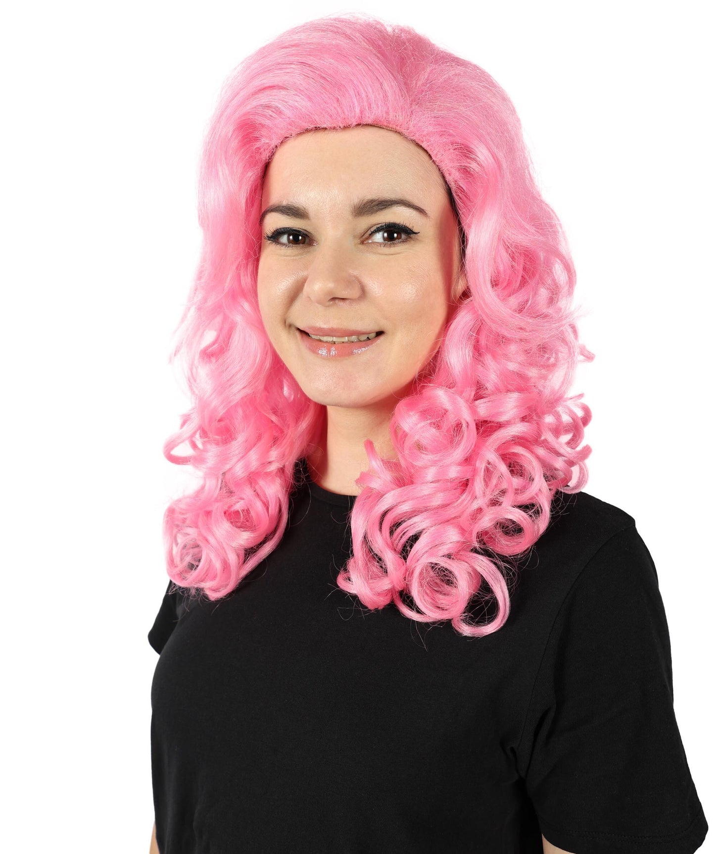 HPO Women's Movie Queen Medium Length Curly Pink Wig | Halloween and Cosplay Wig | Flame-retardant Synthetic Fiber