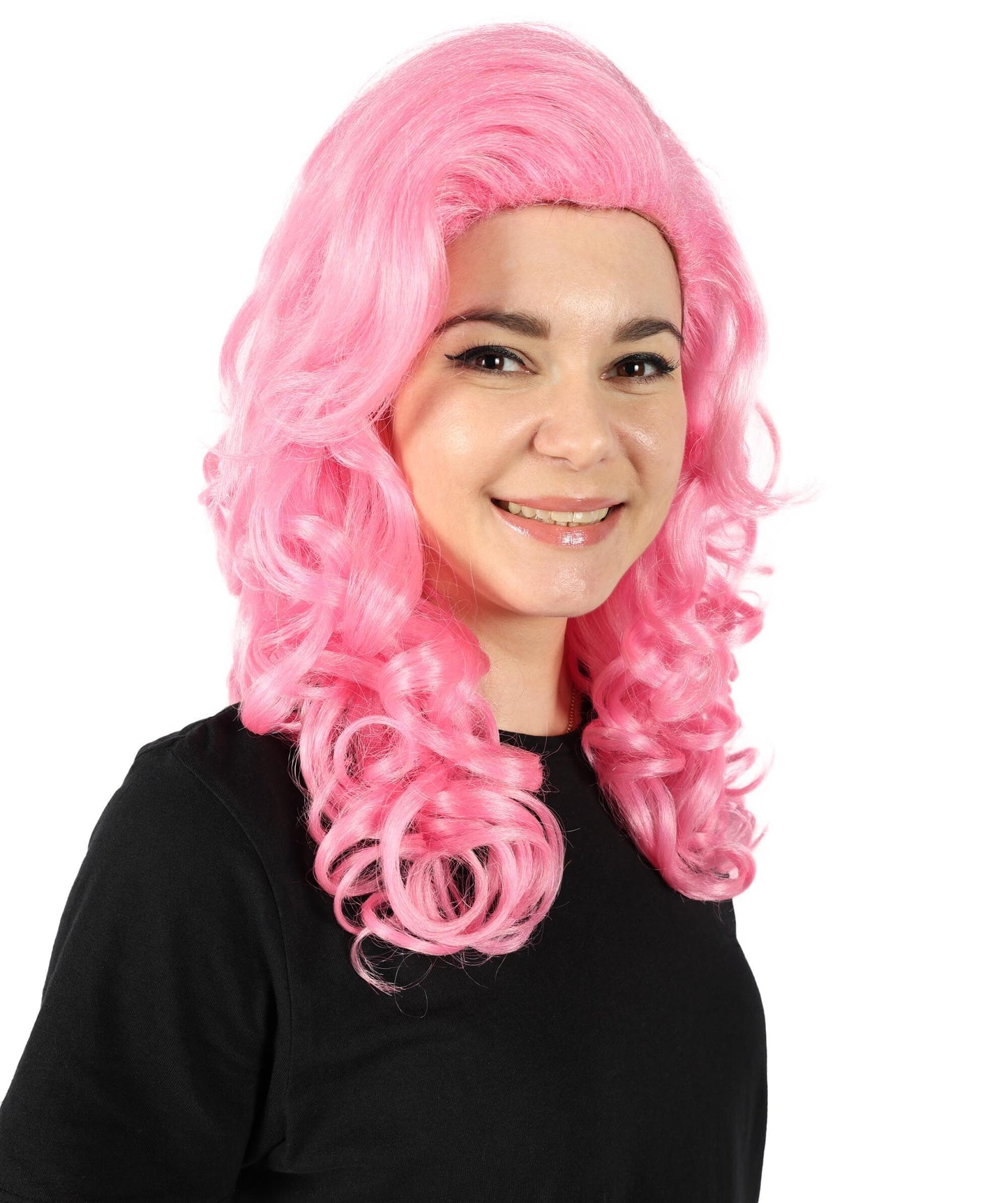 HPO Women's Movie Queen Medium Length Curly Pink Wig | Halloween and Cosplay Wig | Flame-retardant Synthetic Fiber