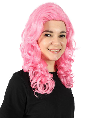 HPO Women's Movie Queen Medium Length Curly Pink Wig | Halloween and Cosplay Wig | Flame-retardant Synthetic Fiber
