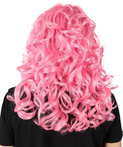 HPO Women's Movie Queen Medium Length Curly Pink Wig | Halloween and Cosplay Wig | Flame-retardant Synthetic Fiber