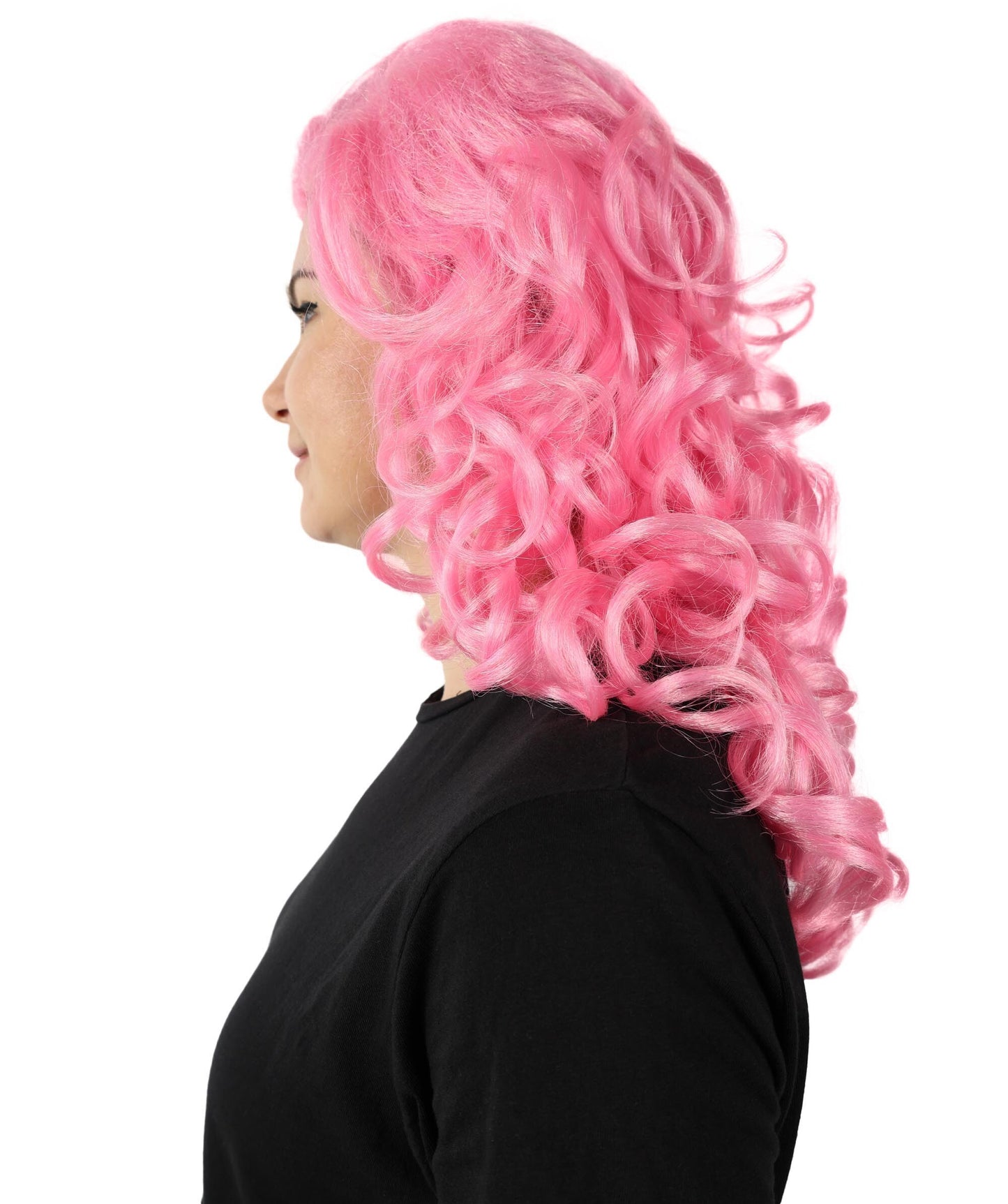 HPO Women's Movie Queen Medium Length Curly Pink Wig | Halloween and Cosplay Wig | Flame-retardant Synthetic Fiber
