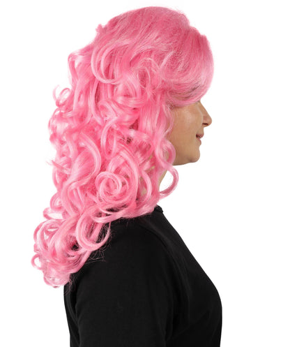 HPO Women's Movie Queen Medium Length Curly Pink Wig | Halloween and Cosplay Wig | Flame-retardant Synthetic Fiber