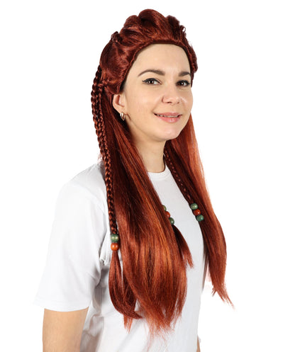 HPO Adult Fierce Huntress Inspired Warrior Braided Long Brown Wig | Halloween and Cosplay Wig | Flame-retardant Synthetic Fiber