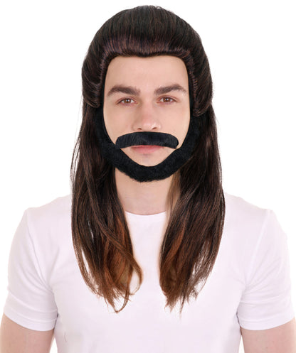 HPO Adult Men’s Pirate Warrior Inspired Long Brown Wig, Beard-Mustache set | Halloween and Cosplay Wig | Flame-retardant Synthetic Fiber