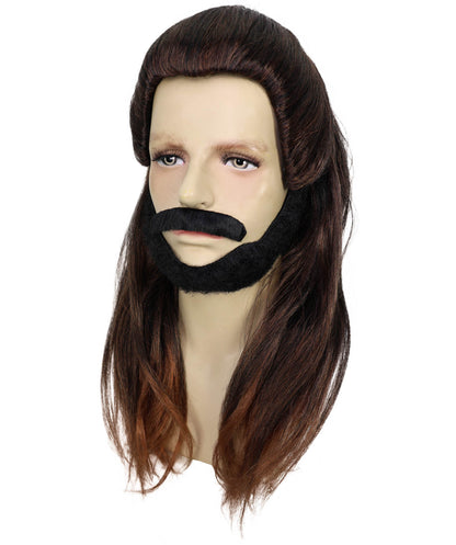 HPO Adult Men’s Pirate Warrior Inspired Long Brown Wig, Beard-Mustache set | Halloween and Cosplay Wig | Flame-retardant Synthetic Fiber