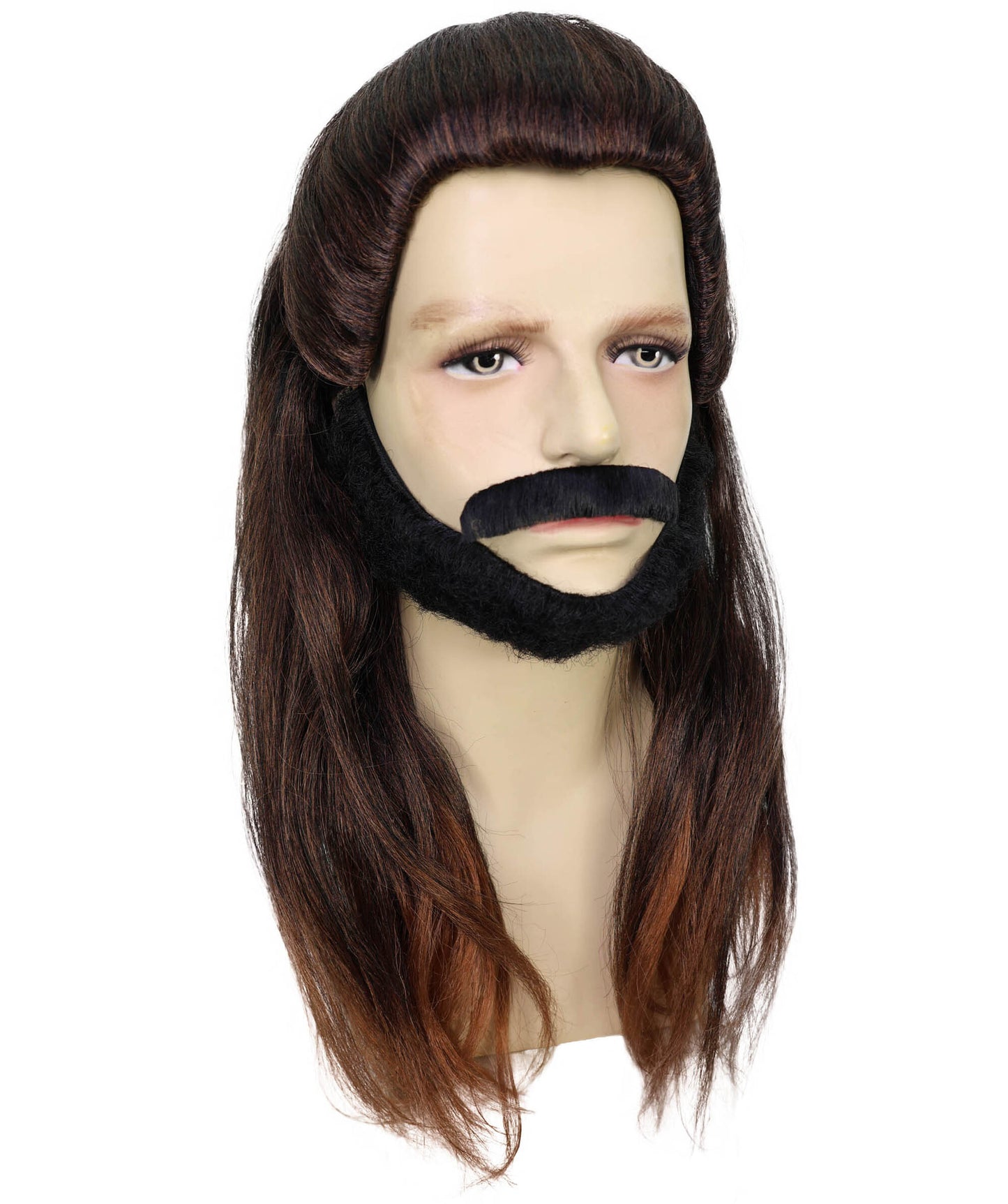HPO Adult Men’s Pirate Warrior Inspired Long Brown Wig, Beard-Mustache set | Halloween and Cosplay Wig | Flame-retardant Synthetic Fiber