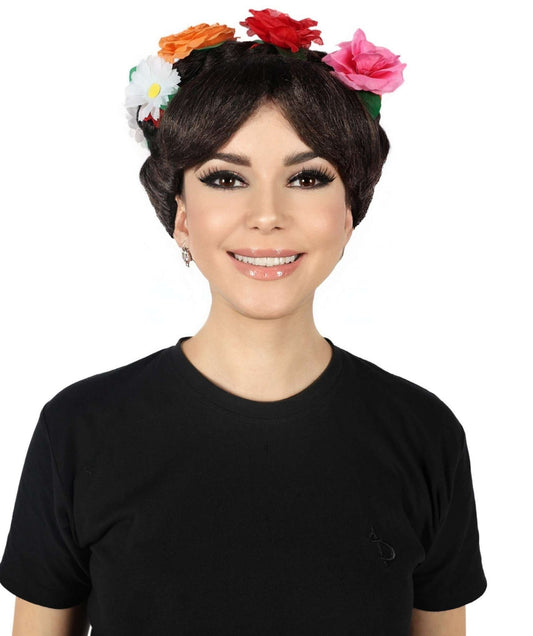 HPO Women Day of the Dead Frida Wig | Floral Crown Black Braided Wig for Halloween and Cosplay & Festivals | Premium Synthetic Fibers | Comfortable Breathable Cap | Perfect for Dia de Los Muertos & Themed Parties