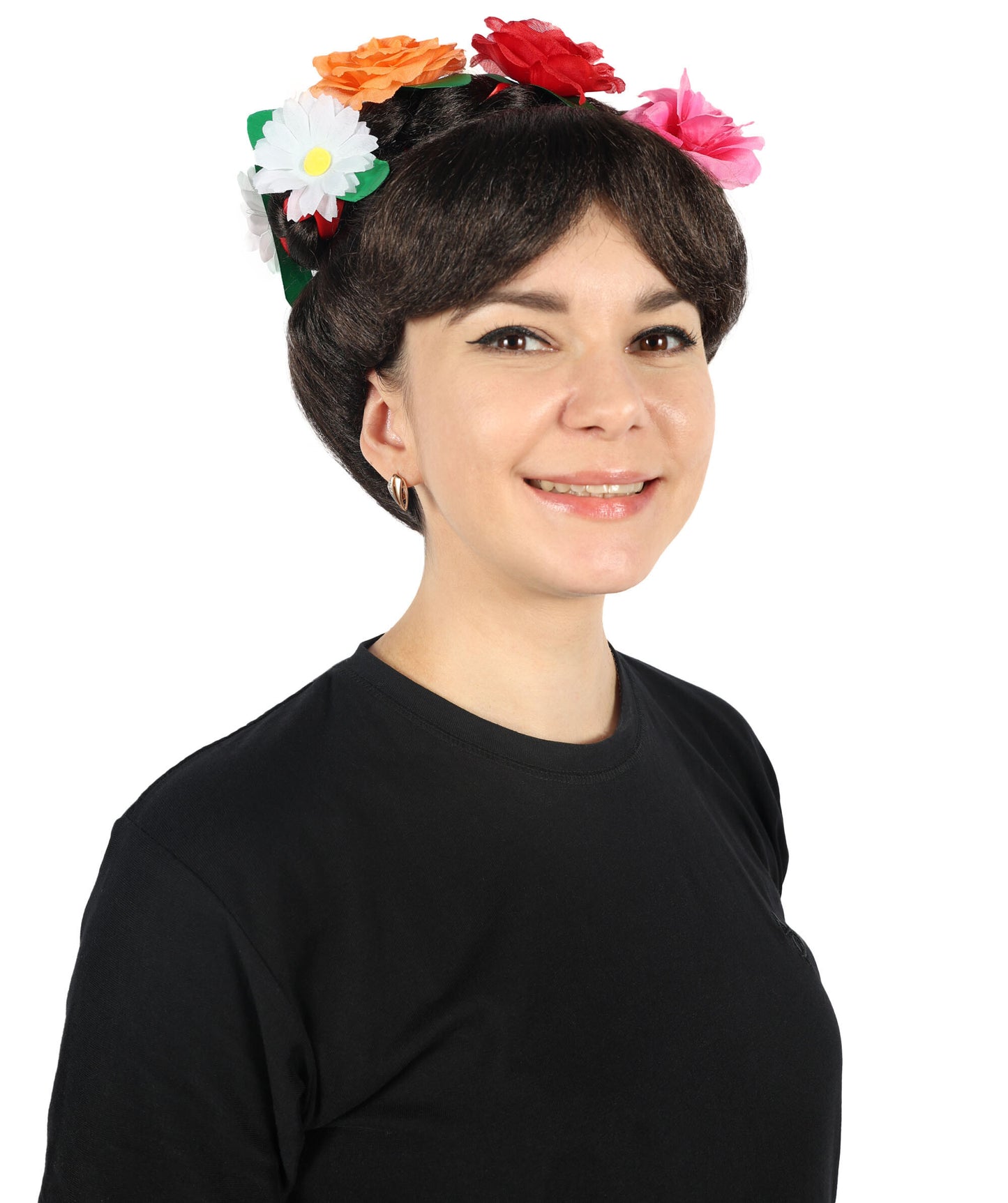 HPO Women Day of the Dead Frida Wig | Floral Crown Black Braided Wig for Halloween and Cosplay & Festivals | Premium Synthetic Fibers | Comfortable Breathable Cap | Perfect for Dia de Los Muertos & Themed Parties