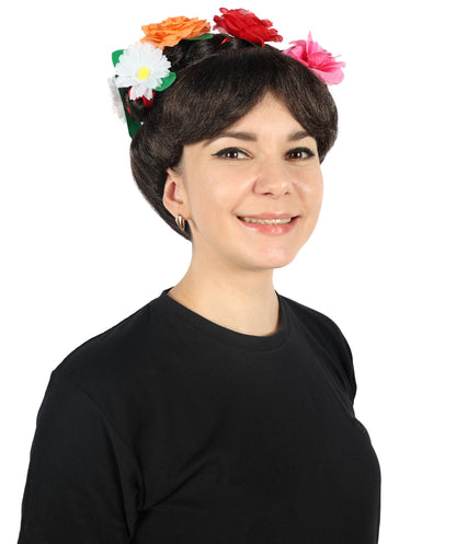 HPO Women Day of the Dead Frida Wig | Floral Crown Black Braided Wig for Halloween and Cosplay & Festivals | Premium Synthetic Fibers | Comfortable Breathable Cap | Perfect for Dia de Los Muertos & Themed Parties