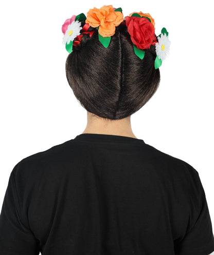 HPO Women Day of the Dead Frida Wig | Floral Crown Black Braided Wig for Halloween and Cosplay & Festivals | Premium Synthetic Fibers | Comfortable Breathable Cap | Perfect for Dia de Los Muertos & Themed Parties