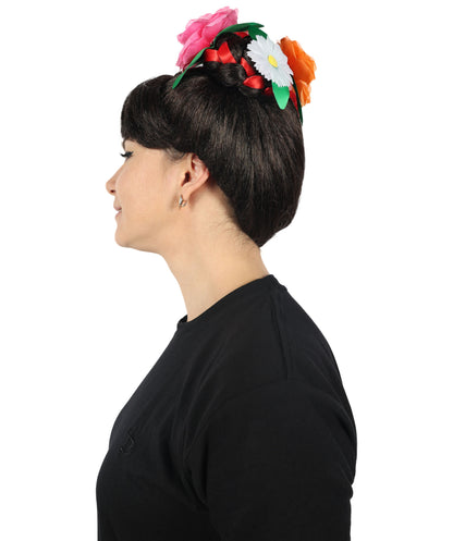 HPO Women Day of the Dead Frida Wig | Floral Crown Black Braided Wig for Halloween and Cosplay & Festivals | Premium Synthetic Fibers | Comfortable Breathable Cap | Perfect for Dia de Los Muertos & Themed Parties