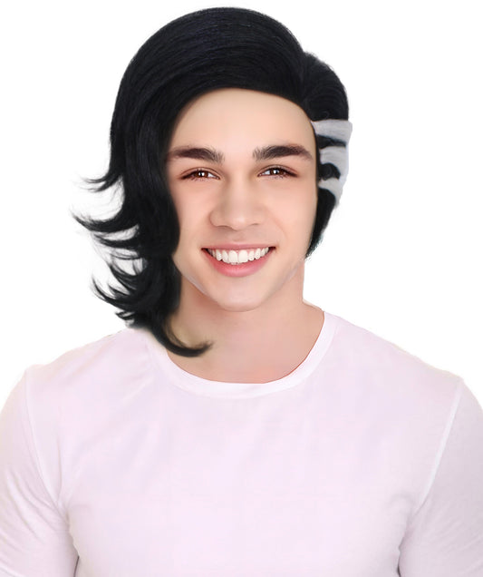 HPO Men's Black and White Medium Hair Wig | Tokyo Revengers Cosplay | Harajuku Hairpiece | Heat-Resistant Synthetic Fiber | Perfect for Cosplay Anime Conventions or Themed Parties | Adjustable & Comfortable Fit