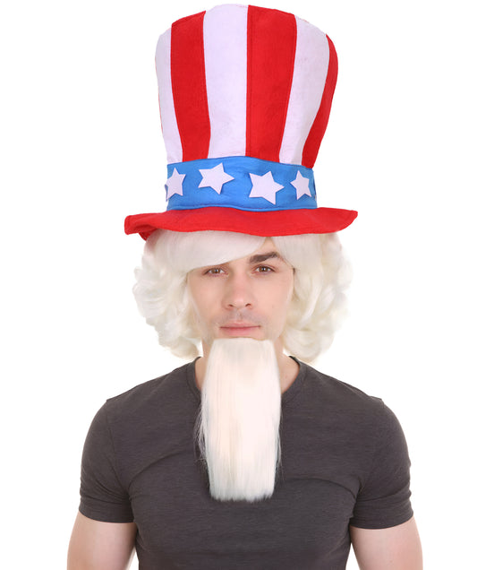 HPO Men's Rubie's  Uncle Sam and Beard Set Costume White Wigs | Includes Wig, Beard, and Head Cap | Perfect for Patriotic Events, Halloween, 4th of July, and Themed Parties | Fun Comfortable and Easy to Wear