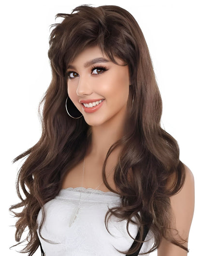 HPO Adult Women's Mall Bangs 90's Decades – Mahogany Brown Wigs with Iconic 90s Bangs, Lightweight Synthetic Fiber,Halloween Cosplay and Retro Parties