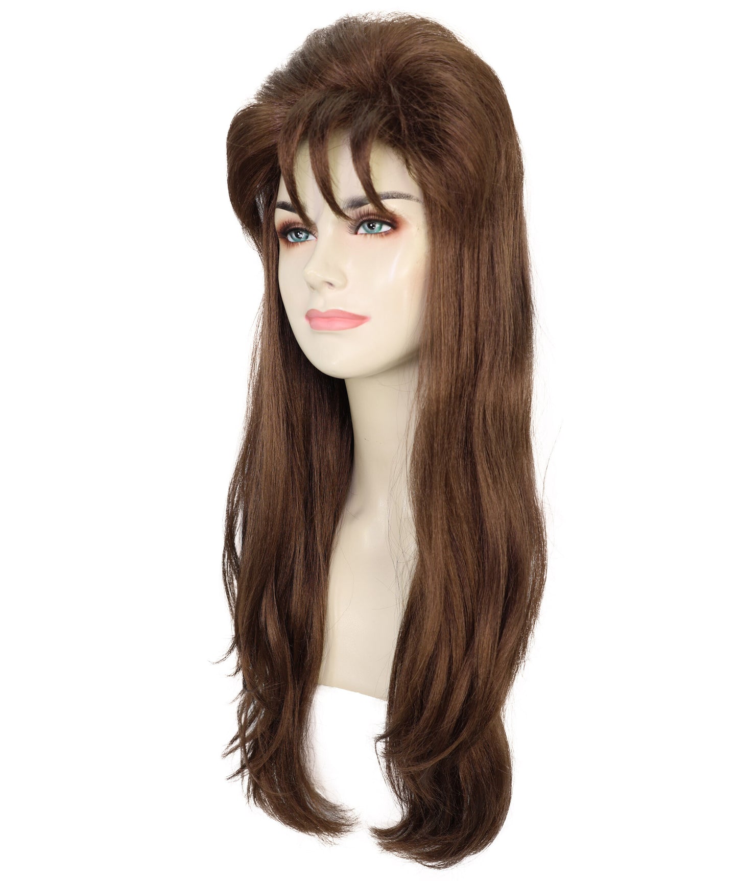 HPO Adult Women's Mall Bangs 90's Decades – Mahogany Brown Wigs with Iconic 90s Bangs, Lightweight Synthetic Fiber,Halloween Cosplay and Retro Parties