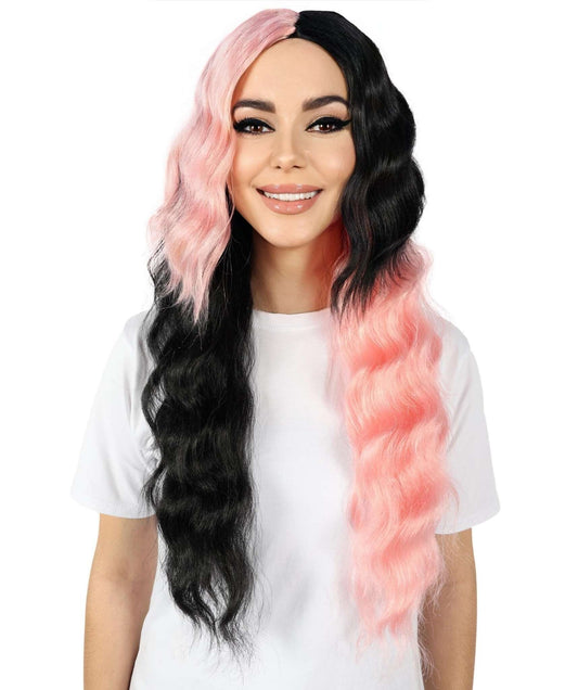 HPO Women's Wavy Long Half Black and Half Pink Wig | Halloween and Cosplay Wig | Flame-retardant Synthetic Fiber