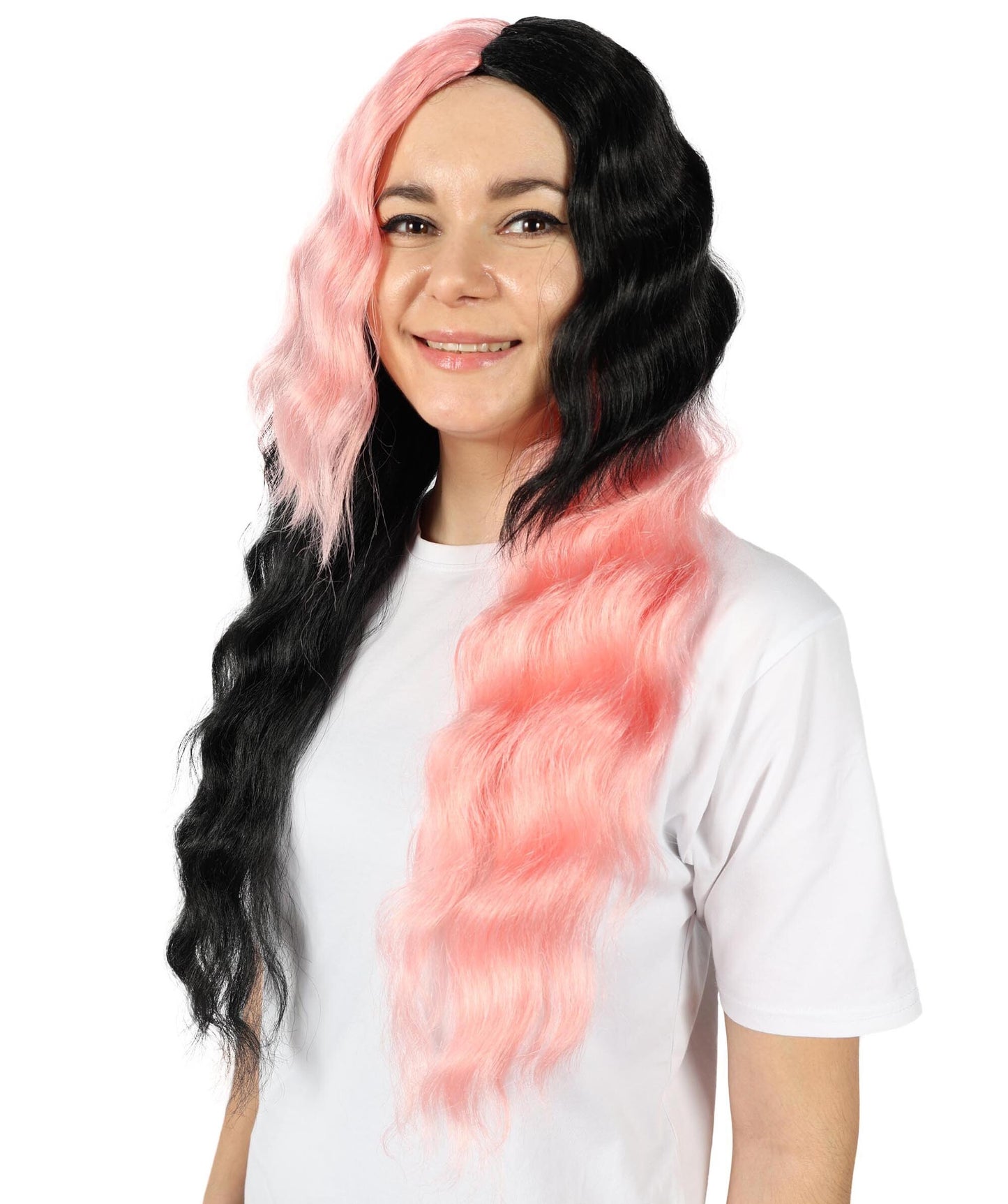 HPO Women's Wavy Long Half Black and Half Pink Wig | Halloween and Cosplay Wig | Flame-retardant Synthetic Fiber