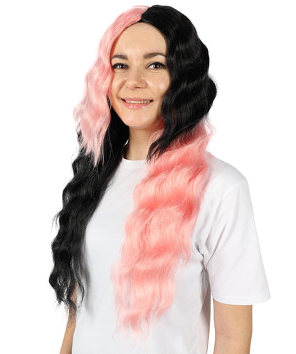HPO Women's Wavy Long Half Black and Half Pink Wig | Halloween and Cosplay Wig | Flame-retardant Synthetic Fiber