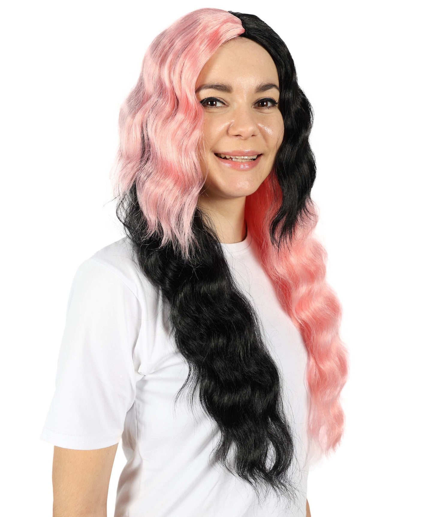 HPO Women's Wavy Long Half Black and Half Pink Wig | Halloween and Cosplay Wig | Flame-retardant Synthetic Fiber