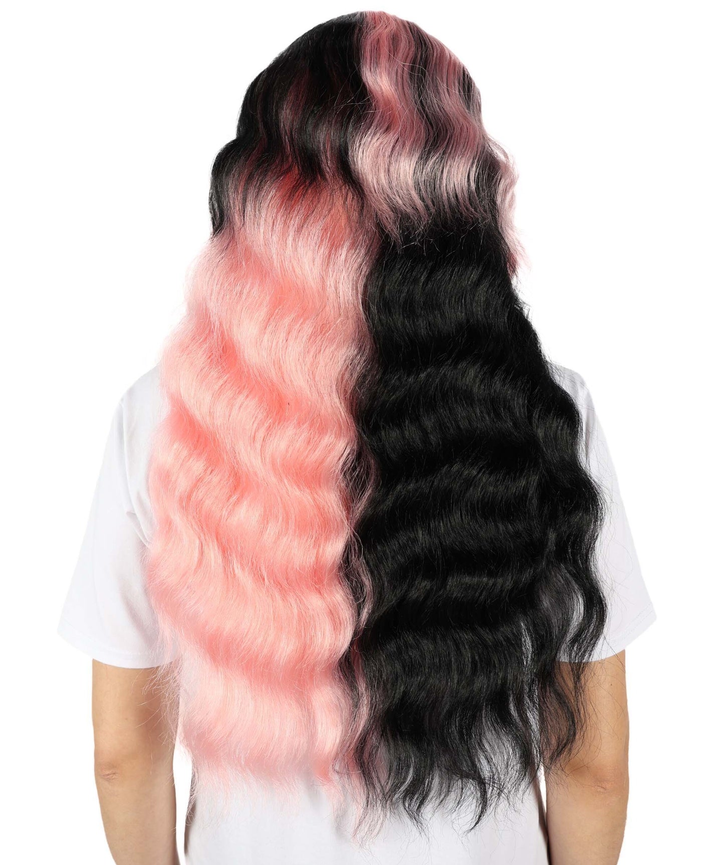 HPO Women's Wavy Long Half Black and Half Pink Wig | Halloween and Cosplay Wig | Flame-retardant Synthetic Fiber