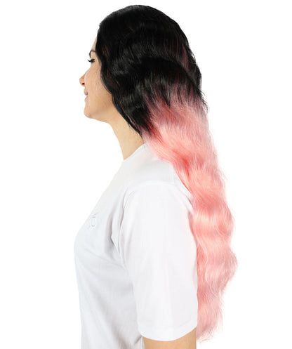 HPO Women's Wavy Long Half Black and Half Pink Wig | Halloween and Cosplay Wig | Flame-retardant Synthetic Fiber