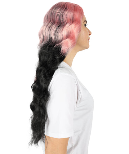 HPO Women's Wavy Long Half Black and Half Pink Wig | Halloween and Cosplay Wig | Flame-retardant Synthetic Fiber