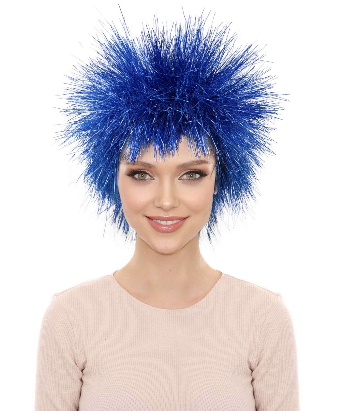 HPO Medium Tinsel Straight Blue Wig for Women, Glamorous Costume Wig, Perfect for Cosplay Parties and Events