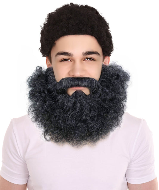 HPO Men Black and Mixed Grey Fake Moustache & Beard Set – Realistic Halloween & Cosplay Accessory