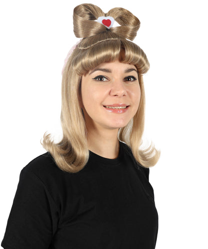 HPO Women's Spanish Singer Inspired Cute Medium Blonde Wig with Ears & Bow | Halloween and Cosplay Wig | Flame-retardant Synthetic Fiber