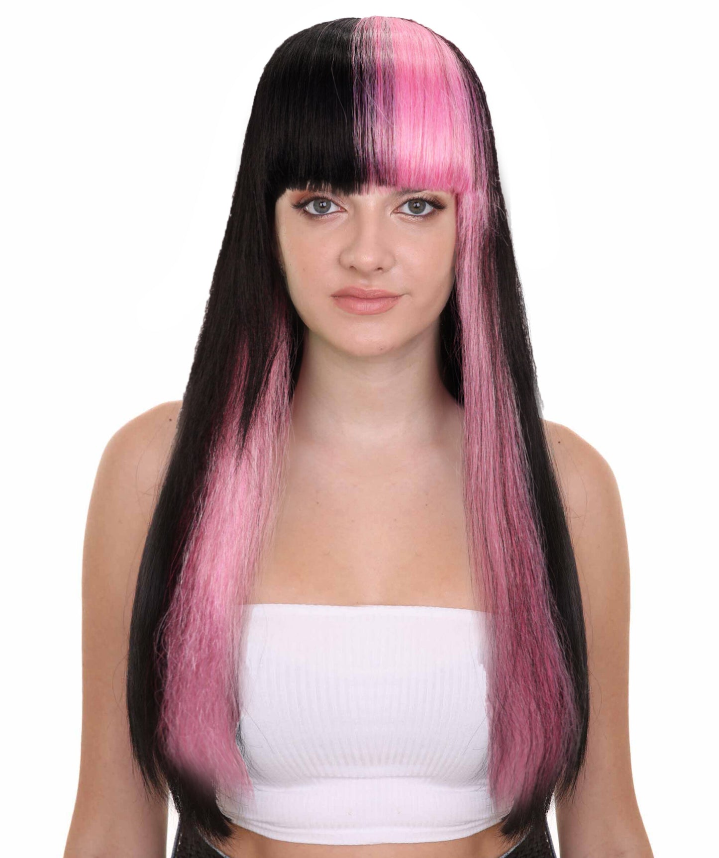 HPO Women’s Long Straight Black and Pink Two-Tone Wig | Halloween and Cosplay Wig | Flame-retardant Synthetic Fiber