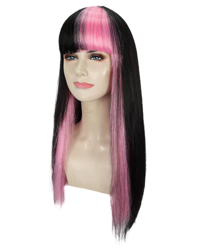 HPO Women’s Long Straight Black and Pink Two-Tone Wig | Halloween and Cosplay Wig | Flame-retardant Synthetic Fiber