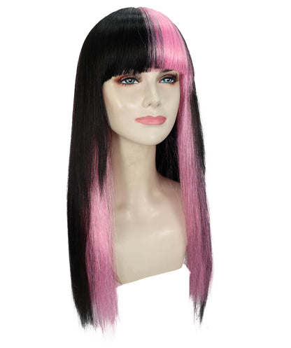 HPO Women’s Long Straight Black and Pink Two-Tone Wig | Halloween and Cosplay Wig | Flame-retardant Synthetic Fiber