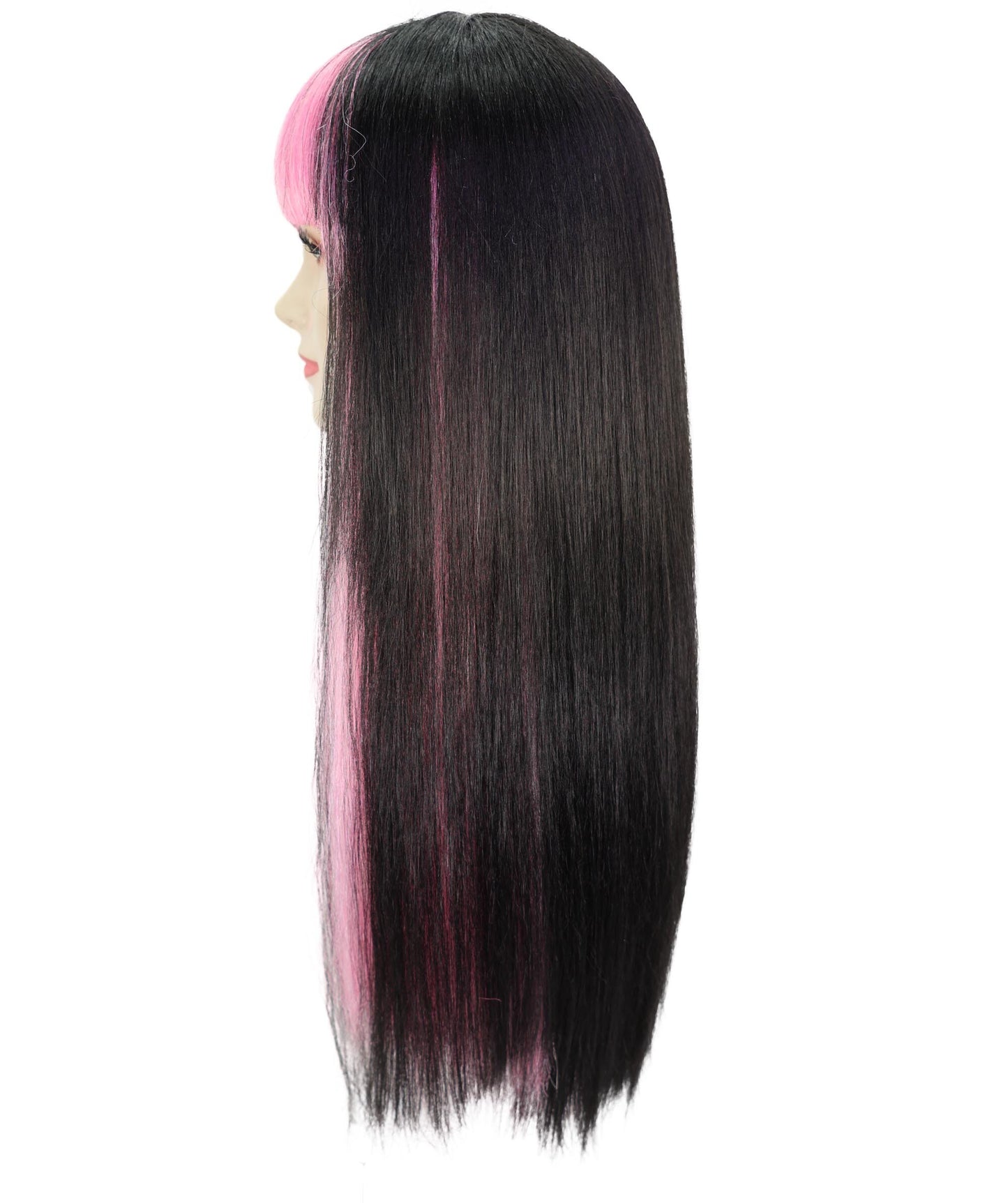 HPO Women’s Long Straight Black and Pink Two-Tone Wig | Halloween and Cosplay Wig | Flame-retardant Synthetic Fiber