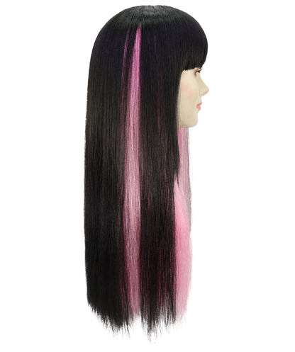 HPO Women’s Long Straight Black and Pink Two-Tone Wig | Halloween and Cosplay Wig | Flame-retardant Synthetic Fiber