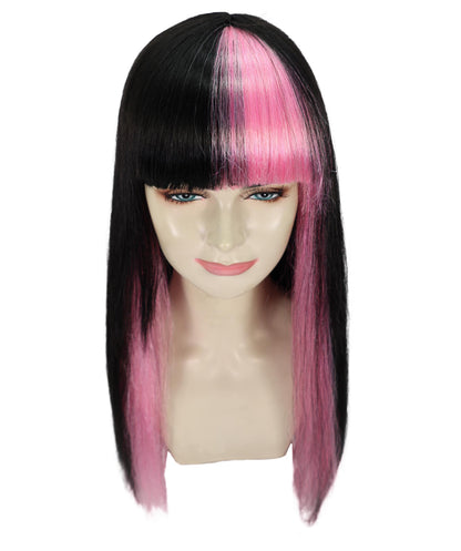 HPO Women’s Long Straight Black and Pink Two-Tone Wig | Halloween and Cosplay Wig | Flame-retardant Synthetic Fiber