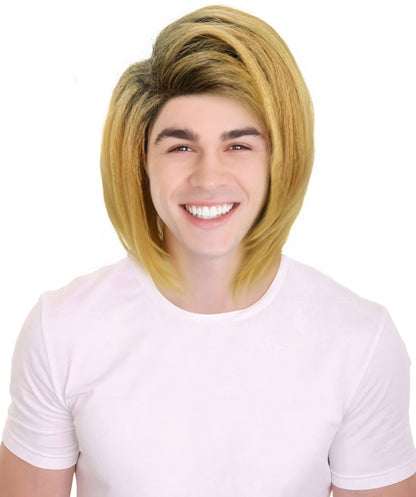 HPO  Men’s Pop Artist Shoulder-Length Black and Gold Straight KURT Wig | Halloween and Cosplay Wig | Flame-retardant Synthetic Fiber