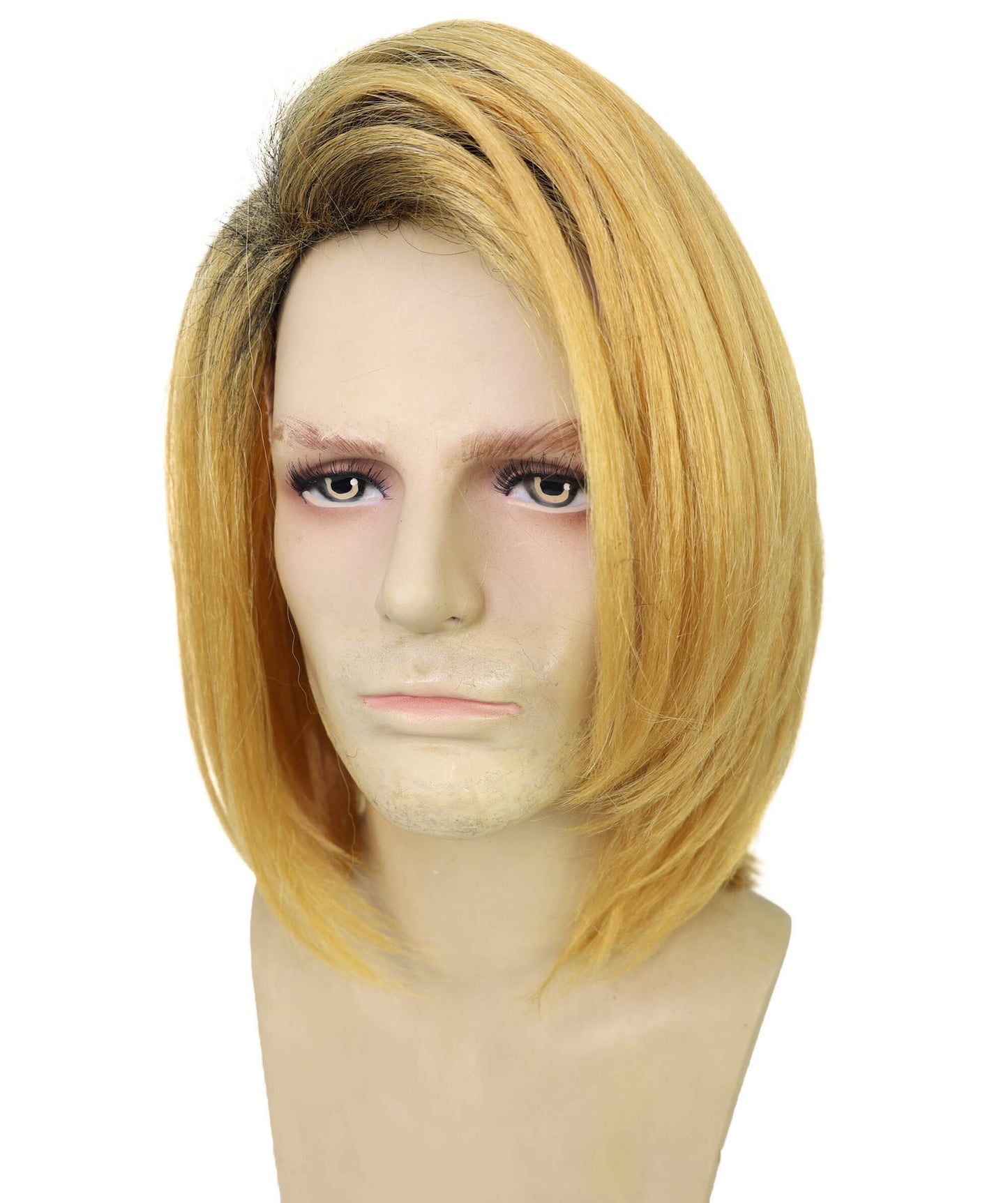 HPO  Men’s Pop Artist Shoulder-Length Black and Gold Straight KURT Wig | Halloween and Cosplay Wig | Flame-retardant Synthetic Fiber