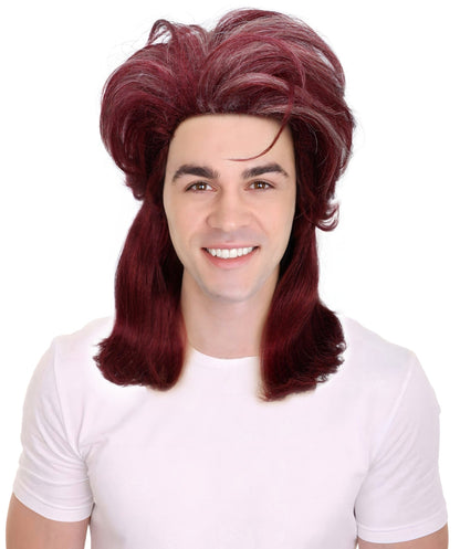 HPO Adults Men’s Retro 80s Rocker Mullet Wig | Long Layered Burgundy Wine Wig | Ideal for Halloween & Cosplay