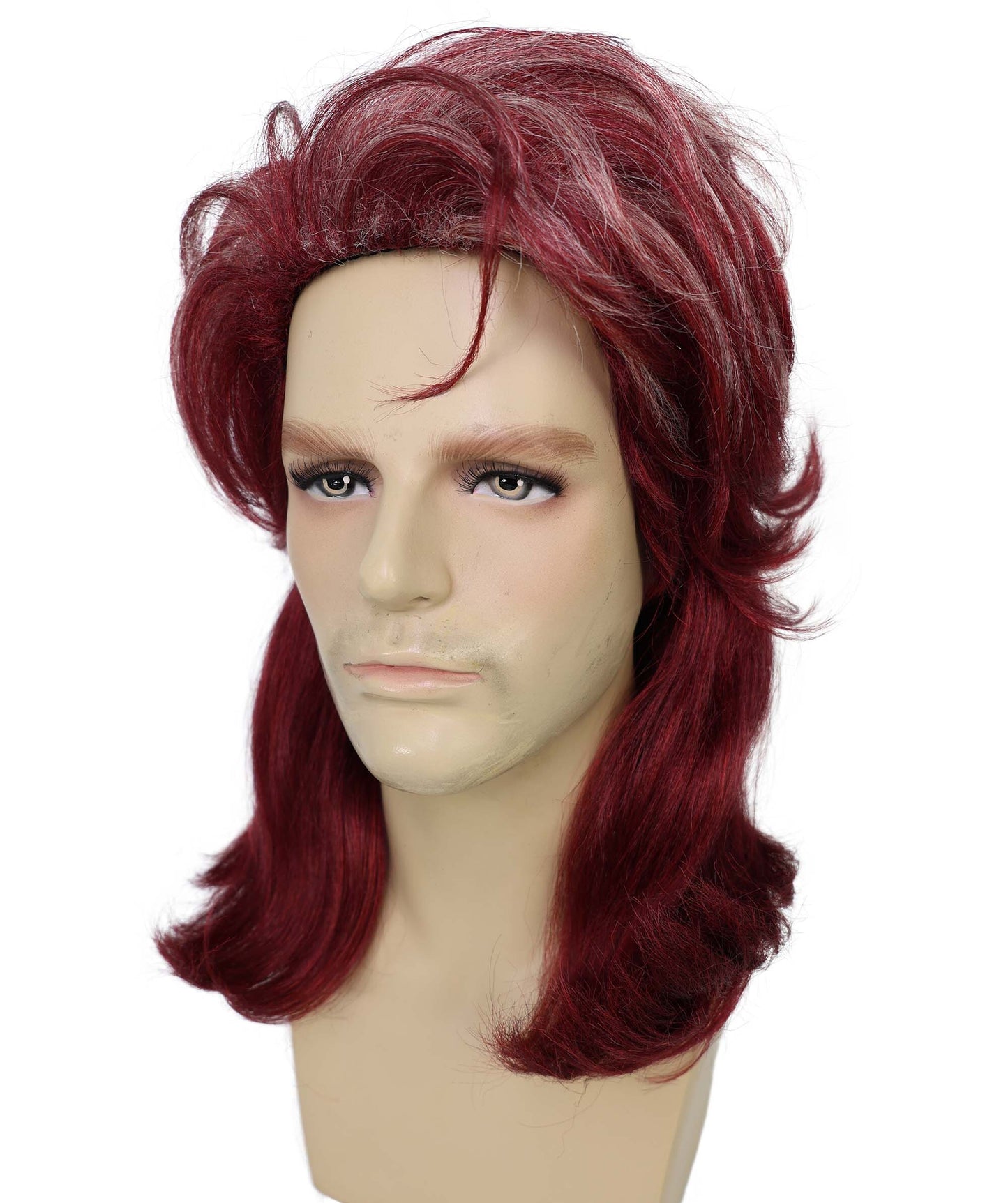 HPO Adults Men’s Retro 80s Rocker Mullet Wig | Long Layered Burgundy Wine Wig | Ideal for Halloween & Cosplay