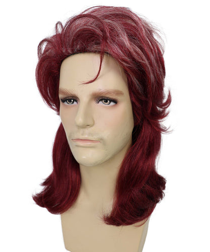 HPO Adults Men’s Retro 80s Rocker Mullet Wig | Long Layered Burgundy Wine Wig | Ideal for Halloween & Cosplay